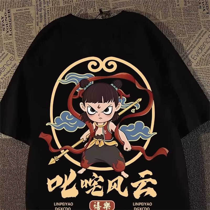 M-8XL New จีนจีน-chic การ์ตูน Nezha พิมพ์รอบคอแขนสั้นเสื้อยืดสําหรับชายแฟชั่นอเนกประสงค์หลวมเสื้อยืดขนาดใหญ่สําหรับชาย
