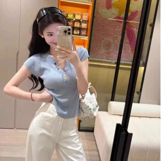 สีสันปุ่ม V คอเสื้อกันหนาวผู้หญิงฤดูร้อน Age-Reduction แฟชั่น Chic Slimmer ดูสั้น-