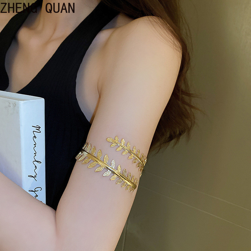 Ethno-boho Laurel Leaf Armlet ปรับกําไลข้อมือสร้อยข้อมือทอง Silver-Tone Arm Cuff สําหรับผู้หญิงแฟชั่น 2025 ฤดูร้อนเทศกาลเครื่องประดับอเนกประสงค์ Layered จัดแต่งทรงผม