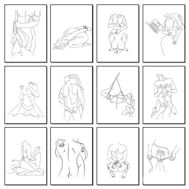 โปสเตอร์ลายเส้นคู่รักแบบนามธรรม ผู้ชายและผู้หญิง ผ้าใบ ภาพวาดมินิมอล การผูกเชือก ศิลปะติดผนัง รูปภาพตกแต่งบ้านในห้องนอน XOG1