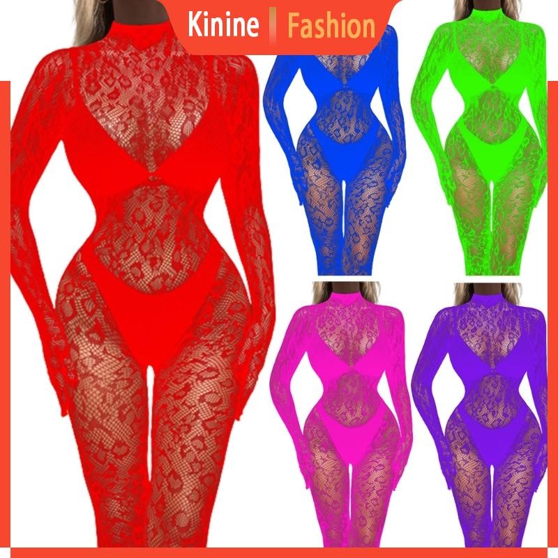 KIN ผู้หญิง Translucence One Piece ชุดนอนชุดนอน Pyjama Jumpsuit ลูกไม้ตาข่าย Sleep Pijama Nightgown