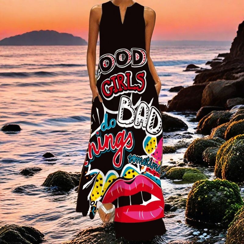 แฟชั่นเซ็กซี่ S-5XLv คอพิมพ์ดิจิตอลกระเป๋าฤดูร้อนผู้หญิงชุดแขนกุดใหม่