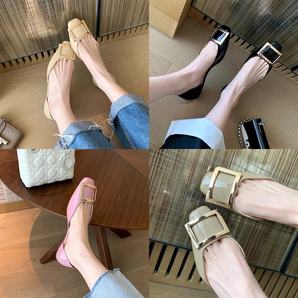 ขนาดใหญ่ (35-43) องุ่น แม่ สตูดิโอลี จิ สไตล์เรียบง่ายสแควร์หัวเข็มขัดสิทธิบัตรหนังสแควร์ นิ้วเท้า ปากตื้นกลวงแบนรองเท้าผู้หญิงฤดูร้อนสบายกันลื่นรองเท้าผ 0420