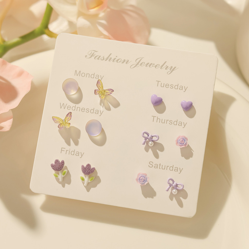 ฤดูใบไม้ผลิสไตล์ใหม่ต่างหูเข็มเงินหญิงเวอร์ชั่นเกาหลีสดน่ารักต่างหูรายสัปดาห์ชุดสาวหัวใจขนาดเล็กทุกวันทุกการแข่งขันต่างหู - รูปที่ 5