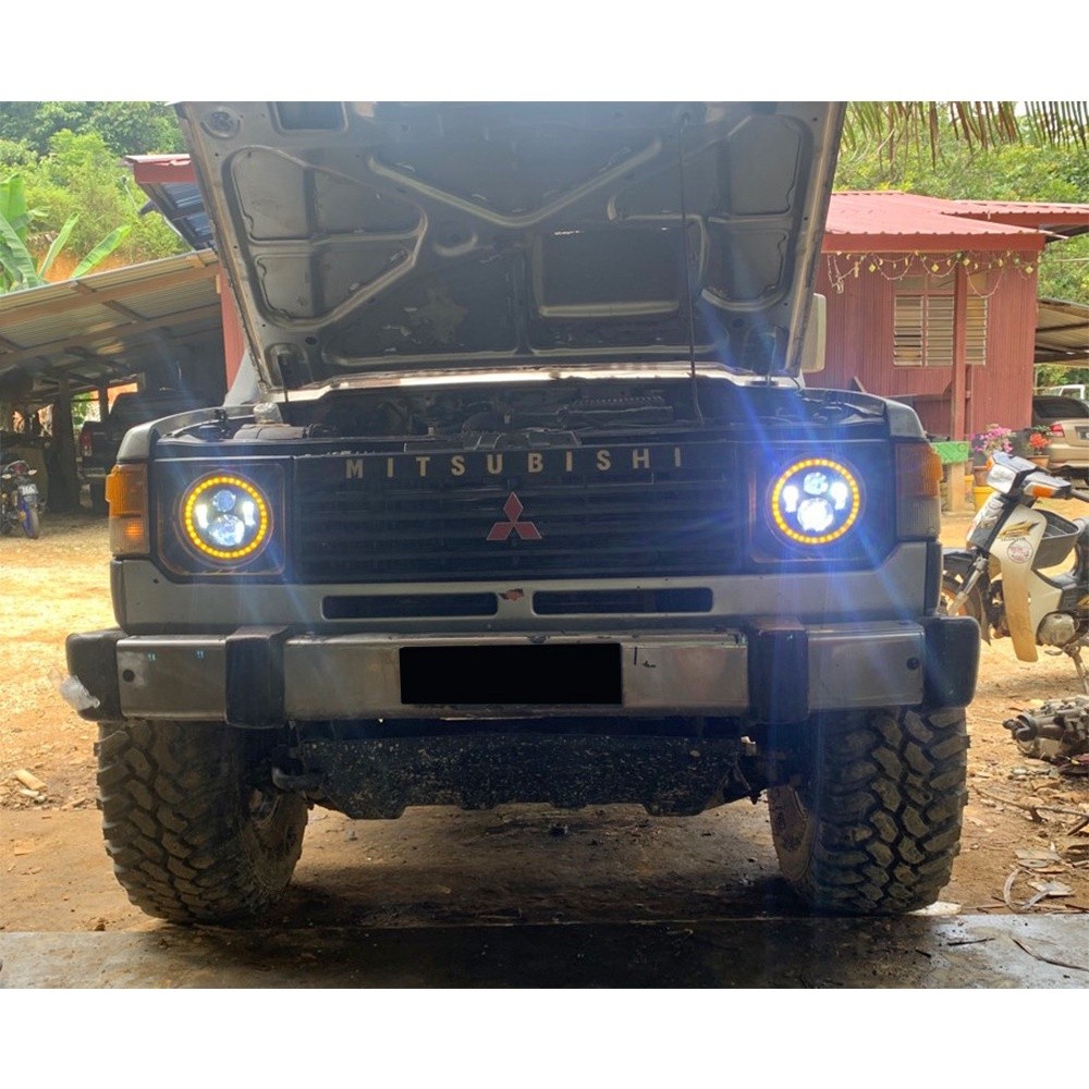 7 "รอบ LED ไฟหน้าโคมไฟ DRL Beam Mitsubishi Pajero L049 Land Cruiser BJ40 BJ70 Suzuki Jimny SJ413 Lan