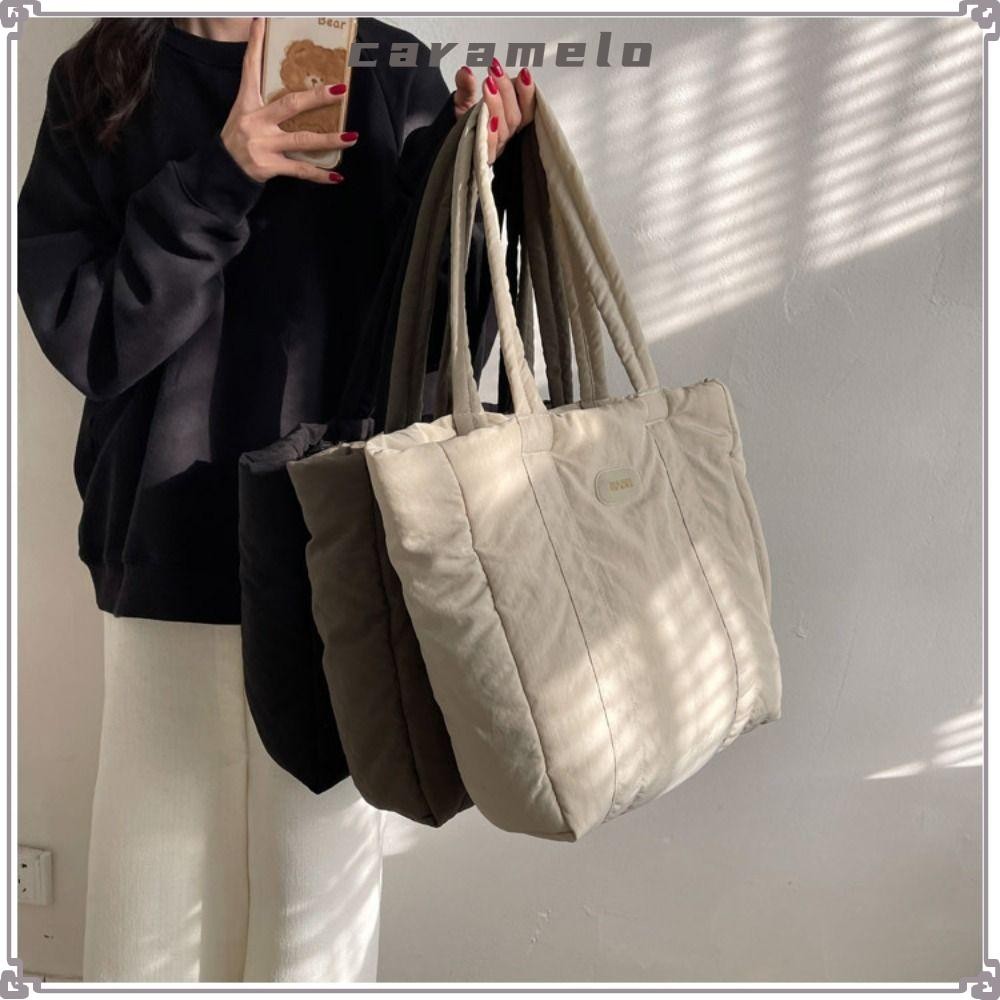 CARAMELO Tote Bag, with Zipper Puffy Quilted Bag, Simple Handbag Nylon Large Capacity Shopping Bag Woman