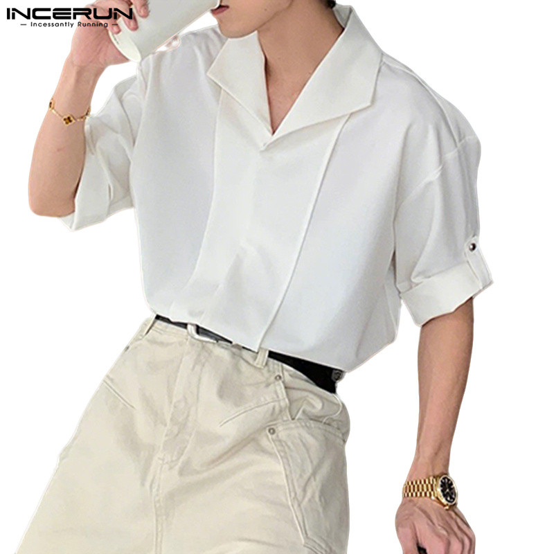 INCERUN ผู้ชายเกาหลีหล่อ Advanced Lapel Roll Up Sleeve Button Up เสื้อแข็ง