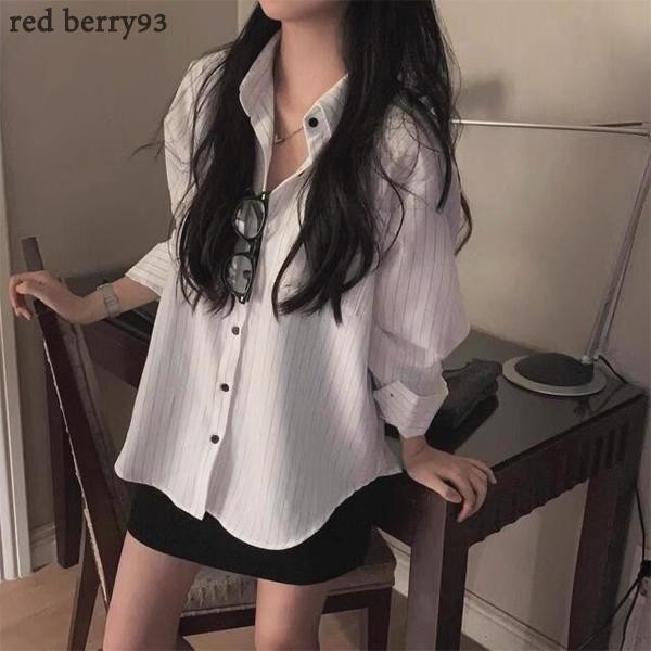 Red Berryเสื้อเชิ้ตแขนยาวลายทางคอโปโลฝรั่งเศสสำหรับผู้หญิง เสื้อเชิ้ตทรงหลวมฤดูใบไม้ผลิW421