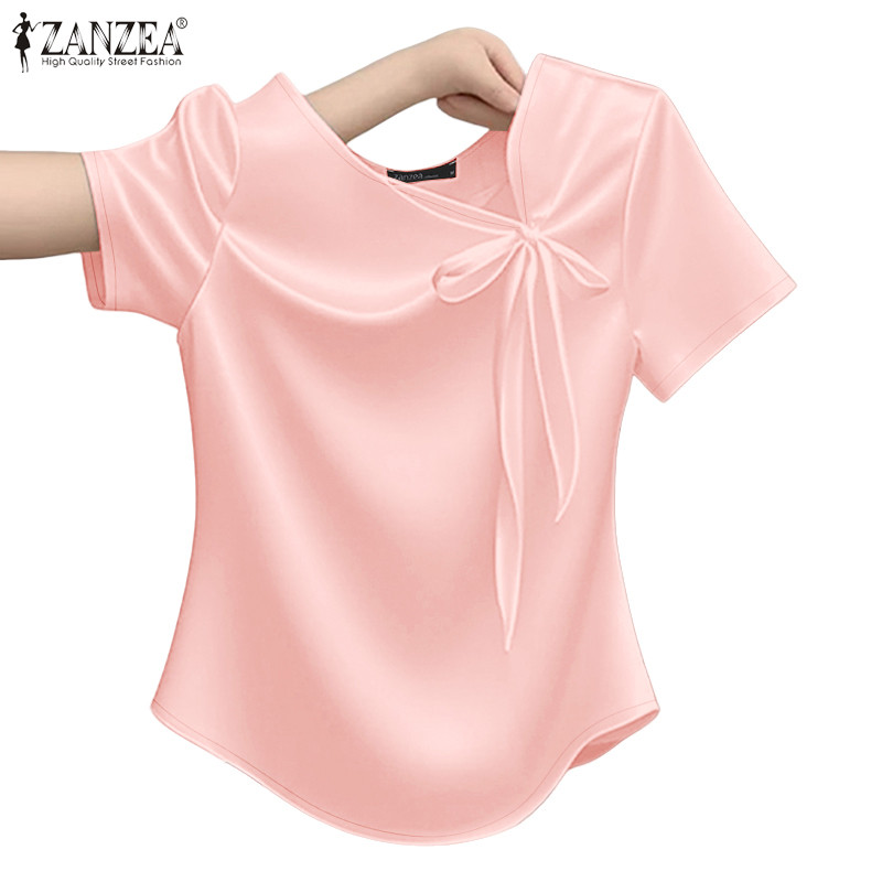 ZANZEA เสื้อเบลาส์แขนสั้นผ้าซาตินแบบผูกเชือก สไตล์เกาหลี