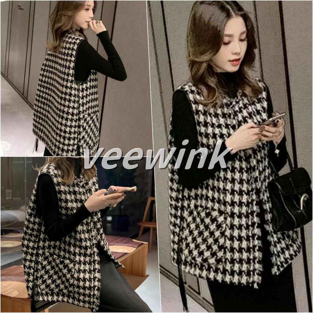 Veewink พร้อมส่งจากกทม เสื้อกั๊กลายนกกระทา สไตล์ชาแนล ทรงหลวม แฟชั่น