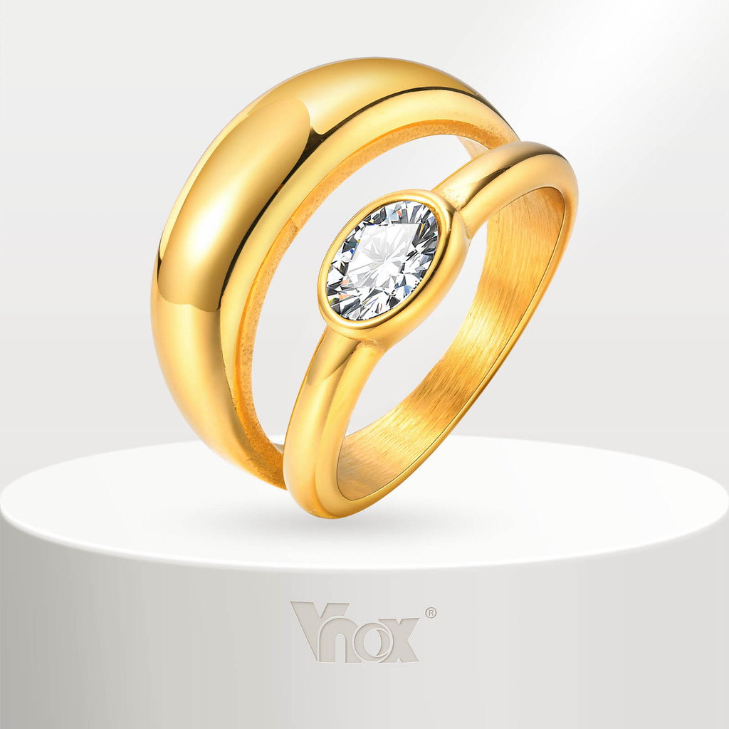 VNOX วีน็อกซ์ สองชั้นรูปไข่ลูกบาศก์เพทายแหวนสําหรับผู้หญิง,กันน้ําสแตนเลสแหวนทองสาวแต่งงานหมั้นเครื่องประดับของขวัญวันคร