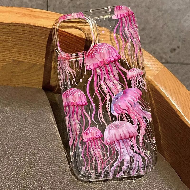 สําหรับiphone 11 16 14 15 12 13 Pro Max 8 7 Plus XR X XS Max SE2020 2022 12 13 MiniสีชมพูแมงกะพรุนOceotic Anti-DropซิลิโคนClear Soft Cover