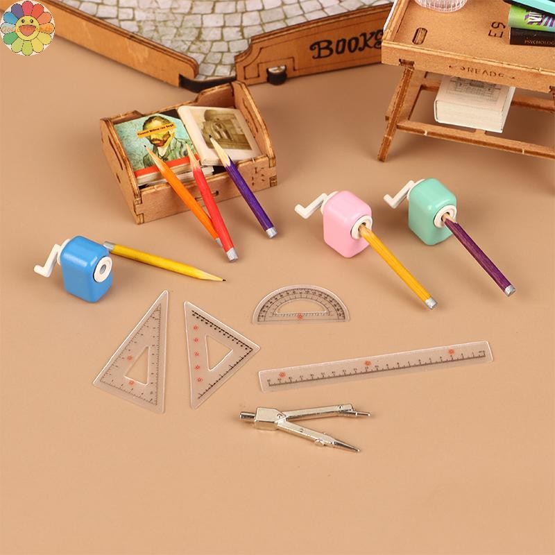 Gogo 1:12 ตุ๊กตาจําลอง Mini ดินสอ Sharpener ดินสอเข็มทิศไม้บรรทัด Dollhouse Study Room เครื่องเขียนการเรียนรู้ฉากตกแต่ง TH