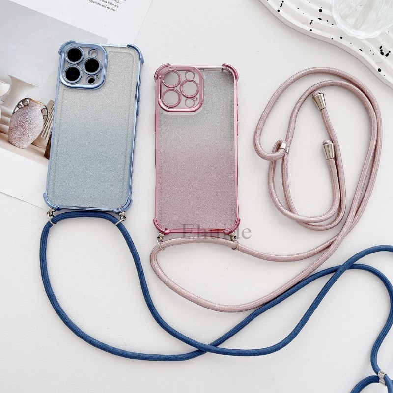 Iphone 16 11 15 13 12 14 Pro Max X XS 7 8 Plus 6D Armor Case Plating Glitter กันกระแทกสายใสCrossbody Lanyard Cover