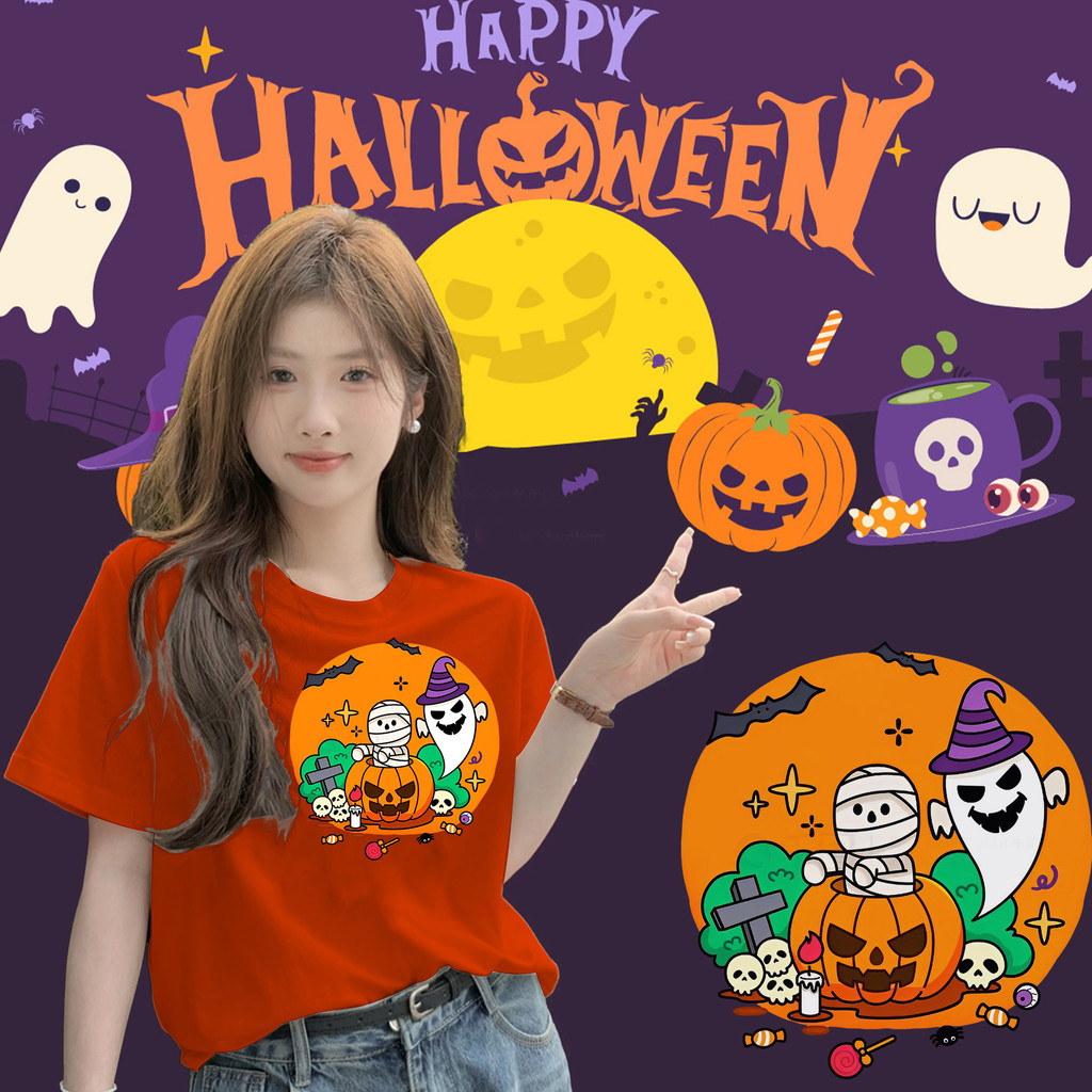 ปกติ✨[พร้อมส่ง] แขนสั้น Mummy&Halloween ผ้าฝ้ายคุณภาพสูง ไม่หดหรือยับ Happy Halloween unisex shirt_H