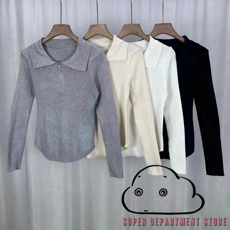 Super-ผู้หญิง tidding Ribbed Tops Slim Half Zipper Lapel Neck Long Sleeve Fall Shirts Casual