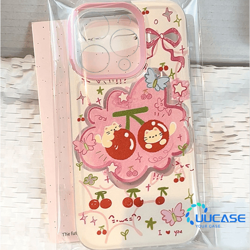 น่ารัก Cherry Cat เคสโทรศัพท์สําหรับ iPhone 11 12 13Mini 14 15Plus 15Pro Max X XR XS Max 6 7 8 Plus SE2020 น่ารักฝาครอบโทรศัพท์ผู้หญิงสาวซิลิโคนนุ่มกรณี TA
