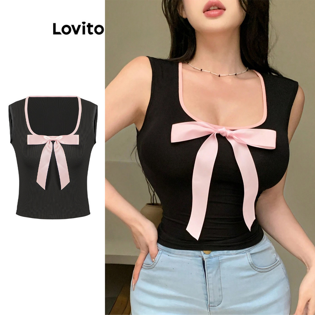 Lovito เสื้อกล้ามโบว์ บล็อกสี แบบสบาย ๆ สำหรับผู้หญิง L95ED388
