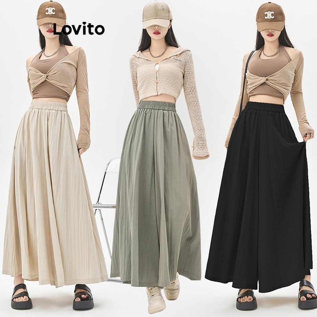 Lovito กางเกงขายาวผู้หญิง เอวยางยืด สีพื้น สไตล์ลำลอง LNE48268