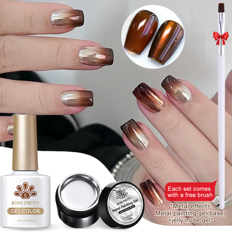 Born PRETTY 3 ชิ้น/เซ็ต Jelly Gel ยาทาเล็บพร้อมกระจกสีเงินภาพวาดเจลโปแลนด์ฟรีแปรงเล็บเครื่องมือ
