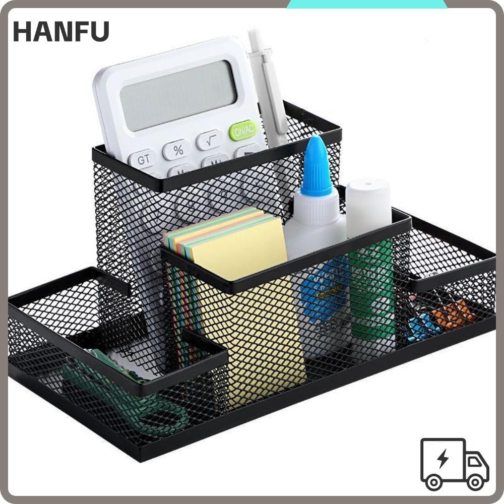 Hanfu ที่ใส่ปากกาตาข่ายสีดําสําหรับโต๊ะดินสอ Organiser 3/4 กริดโต๊ะทํางานแฟ้มด้านบนชั้นเก็บ