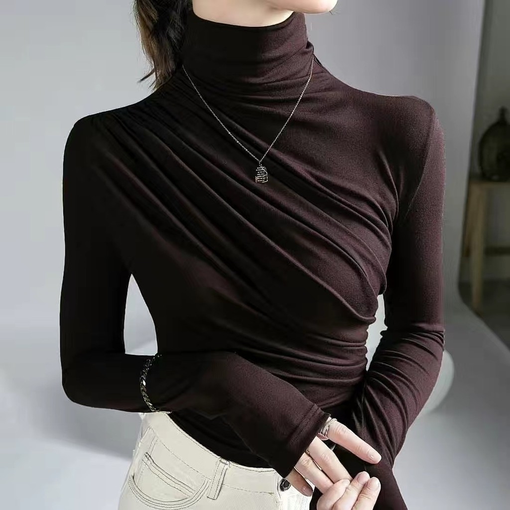 2024Pleated Design Turtleneck Bottoming Shirt Slim Fit Women Fall and Winter Inner Wear Slim Fit Slimming Top