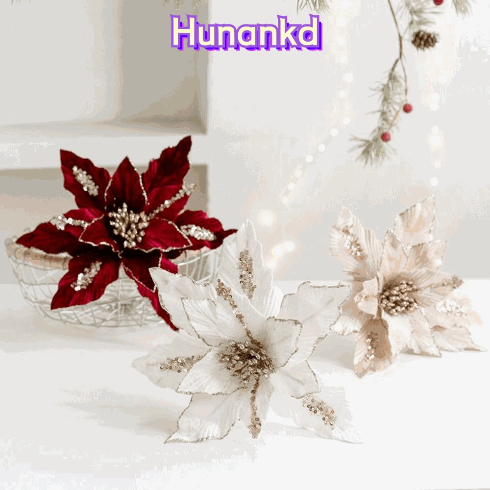 Huan ดอกไม้ประดิษฐ์คริสต์มาส, เครื่องประดับ 26 ซม. ดอกไม้ปลอม, ผ้าตกแต่ง DIY คุณภาพสูงพลาสติกตกแต่งคริสต์มาสปี