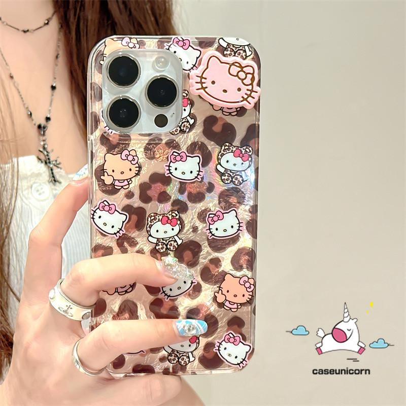 Vintageเสือดาวพิมพ์การ์ตูนน่ารักhello KittyปลอกสําหรับIPhone 13 11 14 15 16 12 Pro Max 7Plus XR X XS Max 16 7 15 14 8 Plus SE 2020 หรูหราGlossyริ้วรอยรูปแบบกรณี