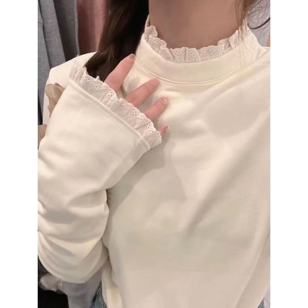 ความร้อน เสื้อผ้าชั้นใน ผู้หญิงอเมริกันย้อนยุคลูกไม้ครึ่งคอสูงฤดูหนาวใหม่หนา จุดต่ําสุด เสื้อเชิ้ตแขนยาว