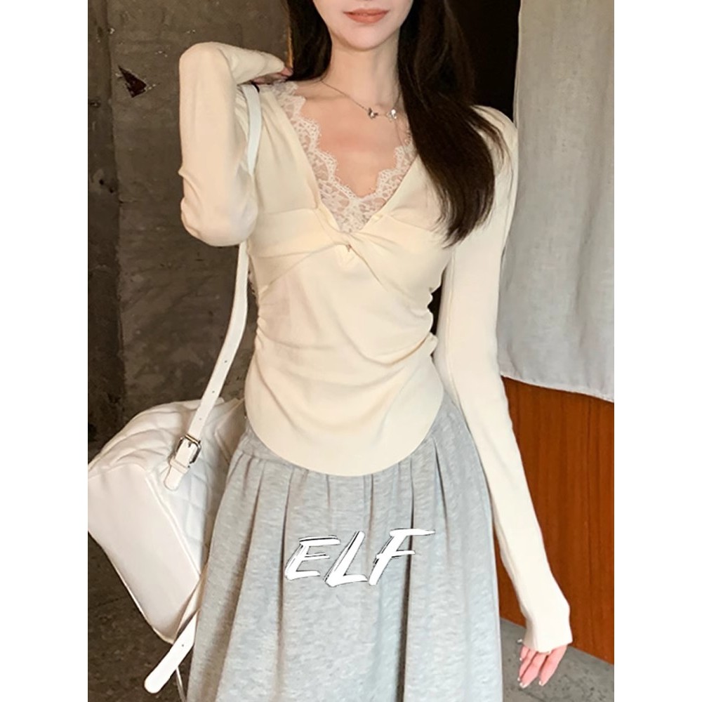 ELFwoo ลูกไม้คอวีหญิง Kinks ไม่สม่ําเสมอ Trim Top
