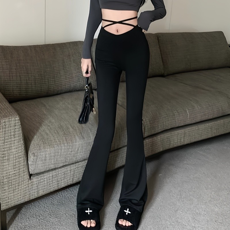 SuySuy พร้อมส่ง กางเกงขายาว เอวสูง แต่งเอวตัวV มีเชือกรัดเอว ผ้าเรย่อน ปลายขาบาน แฟชั่นสไตล์เกาหลี ฤดูไม้ใบร่วง