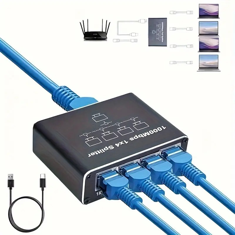 สวิตช์อีเธอร์เน็ต 1 ถึง 4 ความเร็วสูง RJ45 1000Mbps ตัวแปลงสวิตช์เครือข่ายตัวแยกอีเธอร์เน็ตสําหรับพีซีแล็ปท็อปเราเตอร์กล้องวงจรปิดกล่องรับสัญญาณ