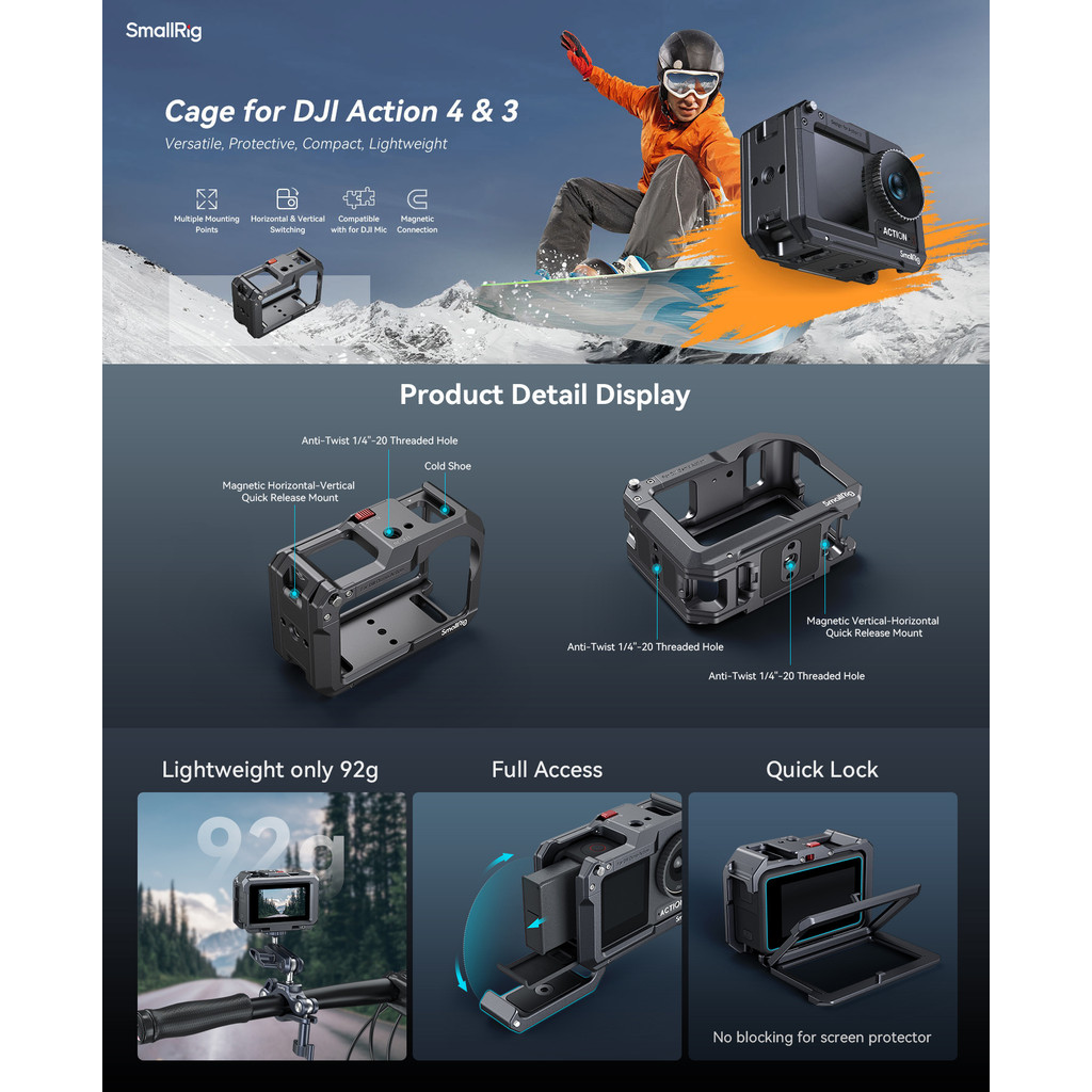 SMALLRIG Frame Cage with Cold Shoe Mount for DJI Action 5Pro/4/3