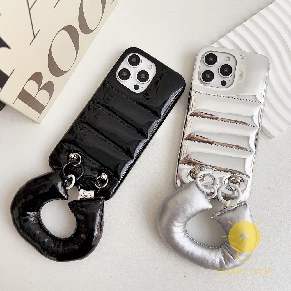 For เคสไอโฟน 13 [Down Coat Style Shining Wristband] เคส Phone Case For iPhone 16 Pro Max Plus 15 14 13 12 11  For เคสไอโฟน11 Ins Korean Style Retro Classic Couple Shockproof Protective TPU Cover Shell