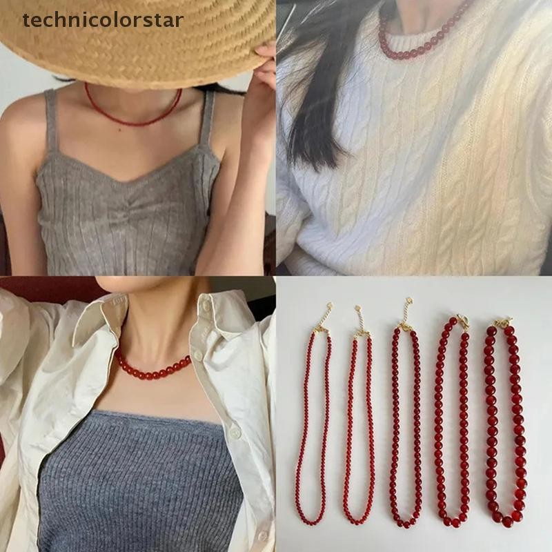 Trsr แฟชั่นประณีตอาเกตสีแดงหินธรรมชาติรอบลูกปัดสร้อยคอผู้หญิงสาว Light Clavular Chain เครื่องประดับอุปกรณ์เสริม Jelly