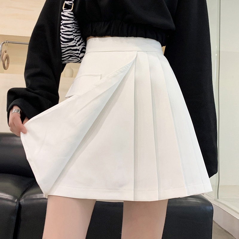 Lovito กระโปรงผู้หญิง แต่งกระเป๋า เย็บหลอกสองชิ้น สีพื้น สไตล์ลำลอง LNE52401