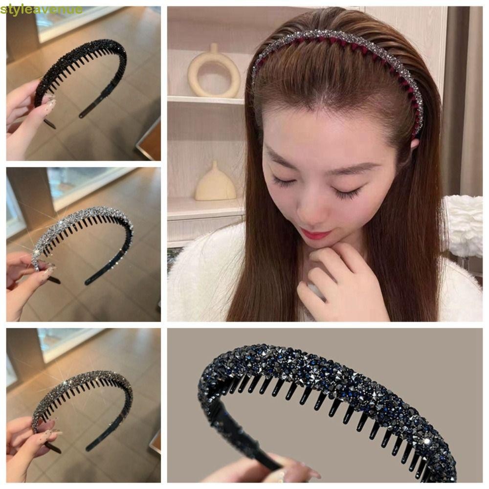 Styleavene ที่คาดผม Rhinestone พร้อมที่คาดผมพลาสติกฟัน Retro Make Up สไตล์เกาหลี Face Wash Diamond Hair Hoop กันลื่น
