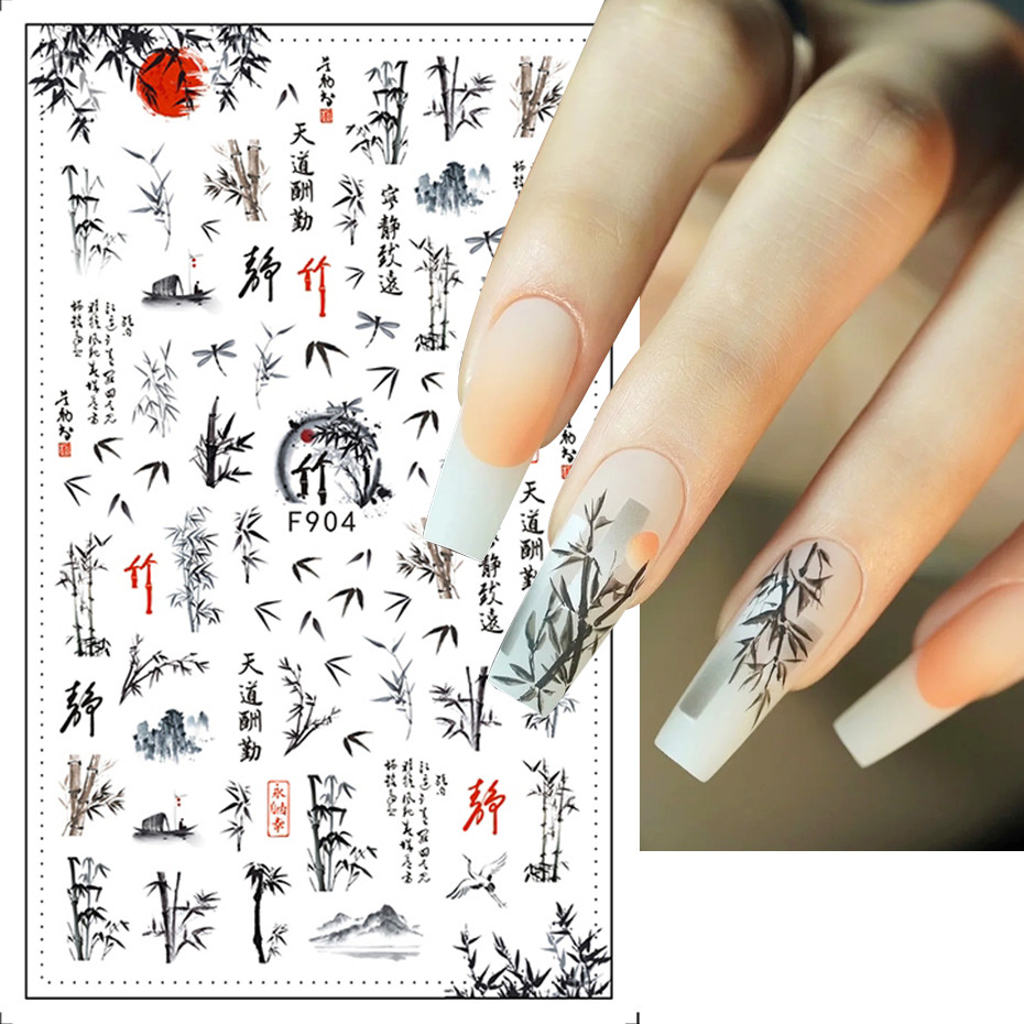 3d ใบไม้ไผ่การประดิษฐ์ตัวอักษรเล็บ Decals จีนตัวอักษรหมึกดอกไม้ Art กาว Sliders Peach Blossom สติกเกอร์เล็บ LAF904