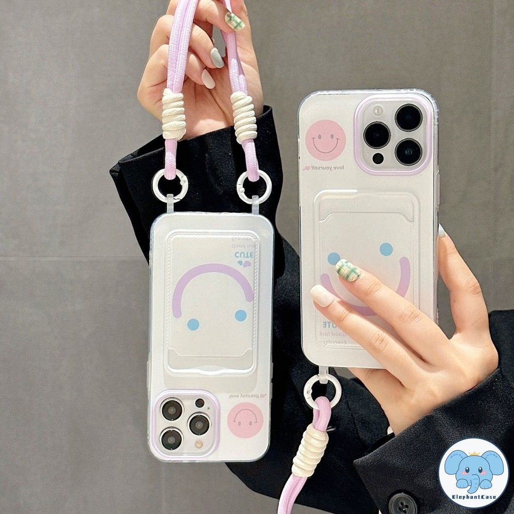 รอยยิ้มน่ารักเข้ากันได้เคสไอโฟน 11 16 13 XR 15 14 12 Pro Max 7 8Plus X XS Max SE การ์ตูนรอยยิ้มเชือกกระเป๋าสตางค์บัตรเคส