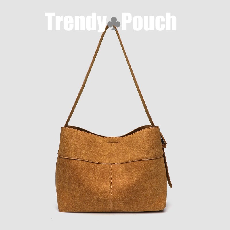 TRENDY POUCH สครับ กระเป๋าโท้ท หนังกลับ ย้อนยุค ความจุสูง การเดินทาง กระเป๋าถัง