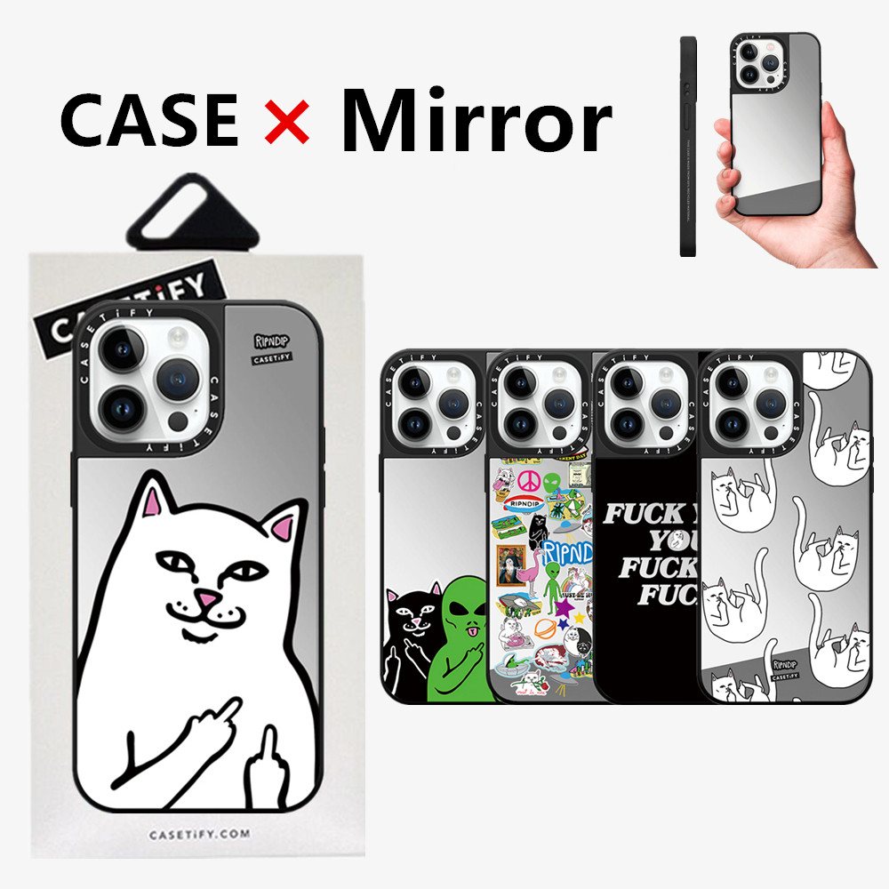 Casetifg Naughty Ripndip Cat Mirrorเคสโทรศัพท์พร้อมกล่องสําหรับiPhone 16 11 12 13 14 15 Pro Max 16 Plusด้านข้างตัวอักษรแกะสลักซิลิโคนกันกระแทกปลอกปกป้องPCปกหลัง