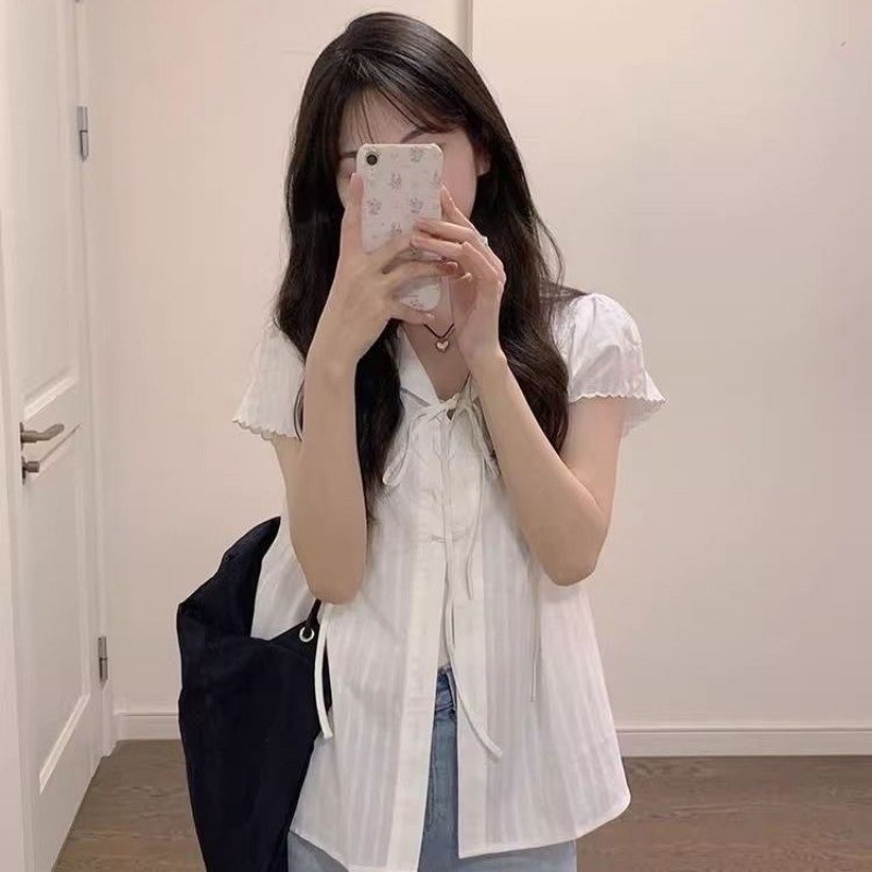 🧡LINNA🧡เวอร์ชั่นเกาหลี สีทึบ แขนสั้น เสื้อเชิ้ต ความเรียบง่าย หวาน