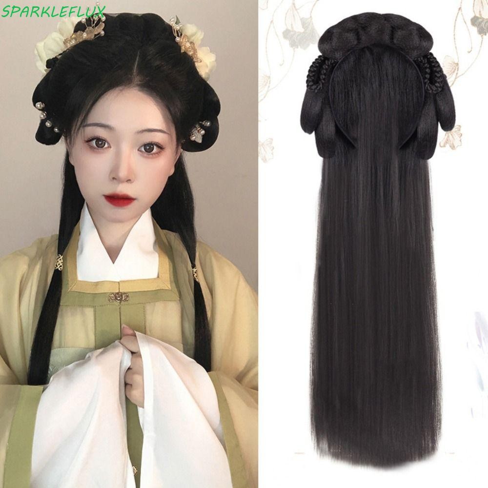 Sparklelux ที่คาดผมวิกผม Hanfu, วิกผมจีนโบราณยาวสังเคราะห์, การถ่ายภาพตรงที่มองไม่เห็นแบบดั้งเดิม Hanfu คอสเพลย์ แฮร์พีชผู้หญิง