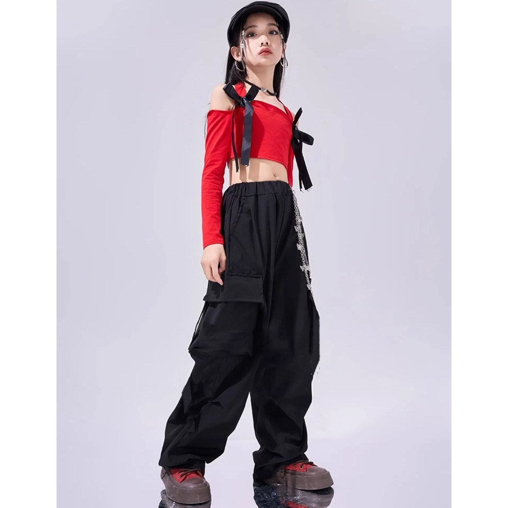 เครื่องแต่งกายการแสดงเทศกาลของเด็กผู้หญิง เสื้อผ้าคริสต์มาสสําหรับเด็กผู้หญิงชุดเต้นรําแจ๊สสาวเสื้อครอปสีแดงกับสะดือสัมผัสสําหรับเต้นรําฮิปฮอปชุดเต้นที่เร - รูปที่ 6