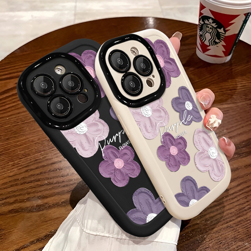 แฟชั่นดอกไม้สีม่วง Minimalist รูปแบบเคสโทรศัพท์สําหรับ IPhone 15 14 13 12 11 Pro Max XR X/XS Max 16 7/8 Plus หนาซิลิโคนนุ่มสี Matte เคสโทรศัพท์