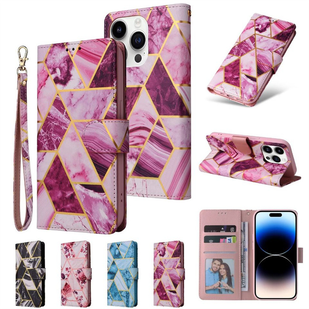 เคสไอโฟน Case for iPhone 16 Pro Max 15 14 Plus 13 12 Mini 11 Pro X XS Max 14+ 15+ 16+ เคสฝาพับ เคสเปิดปิด โทรศัพท์มือถือหนังฝาพับ ลายหินอ่อน พร้อมช่องใส่บัตร และสายคล้อง สำหรับ iPhone16 iPhone15 iPhone14 iPhone13 Gilding Marble Flower Wallet Strap ซองมือถ