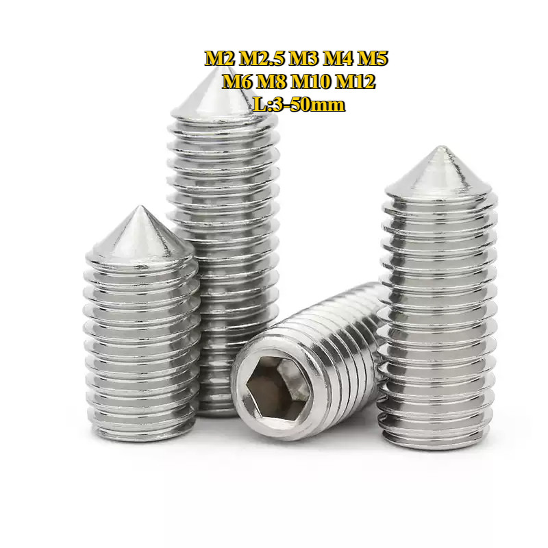 สกรู ตัวหนอน หกเหลี่ยม ปลายแหลม สแตนเลส 304 M2M2.5M3M4M5M6M8M10M12 Hex Socket Set Screw sus 304 Cone Point
