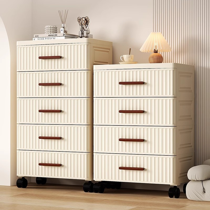 WISE ลิ้นชัก ลิ้นชักเก็บของ สีครีม ตู้ข้างเตียง ลิ้นชักใส่เสื้อผ้า  3/4/5ชั้น พร้อมล้อเลื่ ลิ้นชักพลาสติก