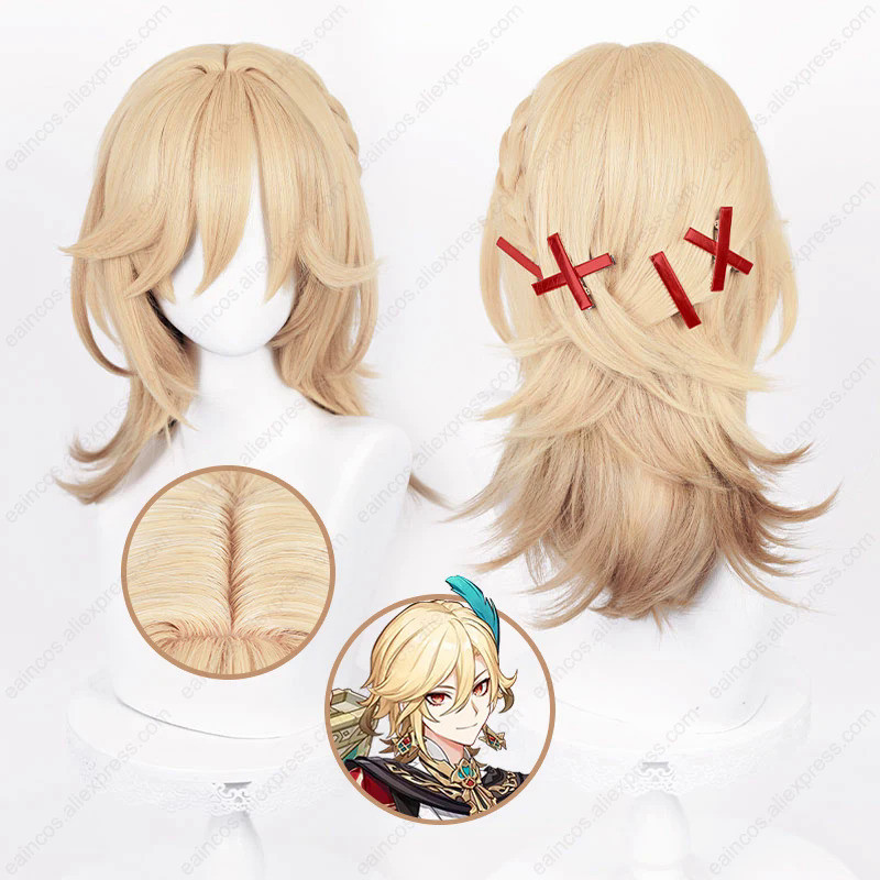 Kaveh Wig Cosplay 50cm Long Linen Gold Gradient Wigs Heat Resistant Synthetic Hair Halloween Party