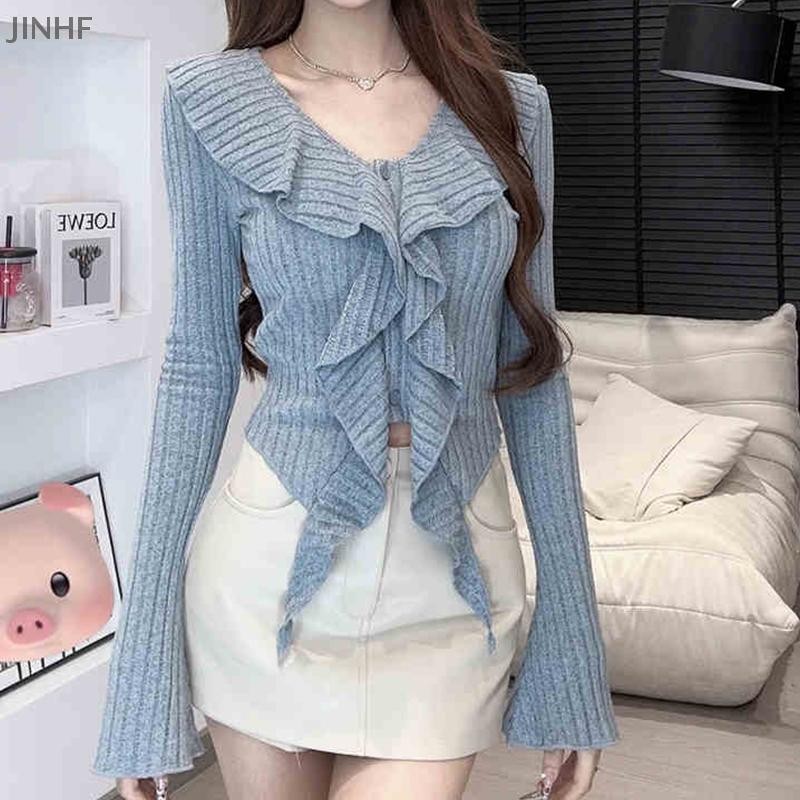 [BestBuyshop] สาวร้อนเซ็กซี่คอวีไม่สม่ําเสมอนัวเนียแขนยาวบางถักเสื้อกันหนาวผู้หญิงเสื้อครอปสต็อกใหม่